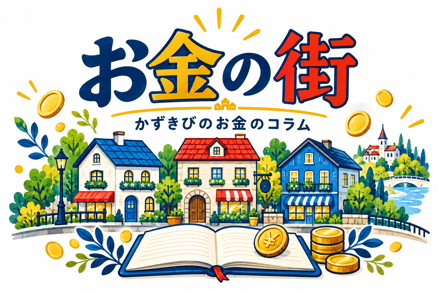 小さな街とノートを描いた、お金のコラムのイラスト